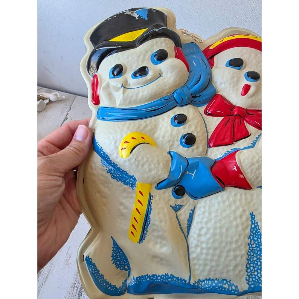 Vintage flat blow mold light up snowman couple hanging Xmas vintage decor